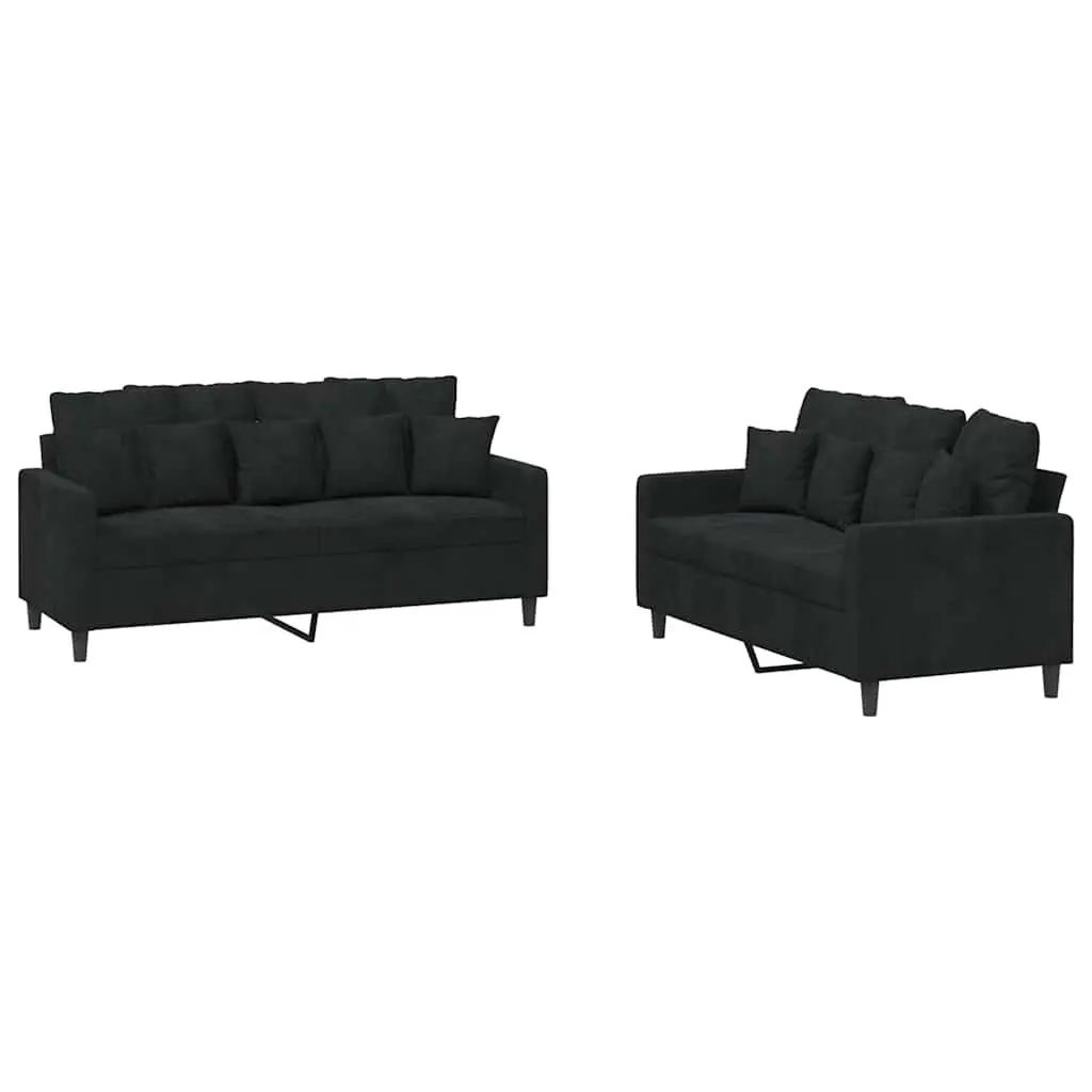 Black Velvet 2-Piece Sofa Set with Cushions