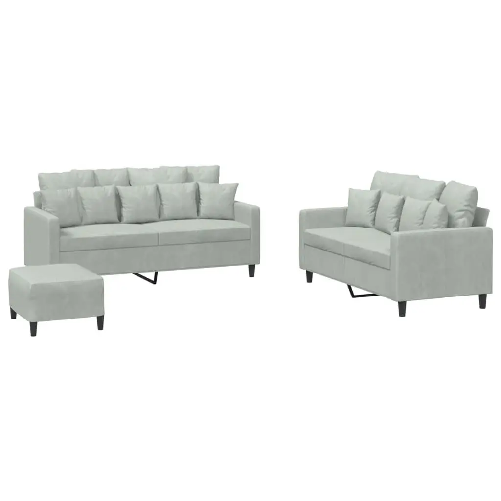 Sofa Set Velvet Grey 3 Piece with Footstool