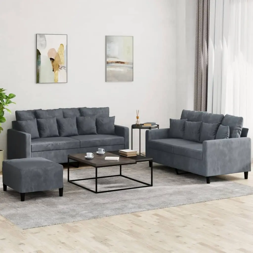 3 Piece Sofa Set Velvet Grey Lounge Suite