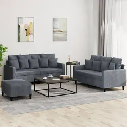 Durable 3 Piece Grey Velvet Sofa Set with Footstool