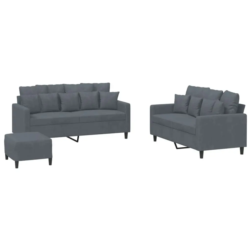 3 Piece Sofa Set Velvet Grey Lounge Suite