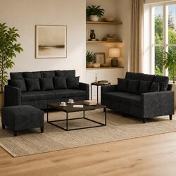 Quality Black Velvet 3 Piece Sofa Set with Footstool