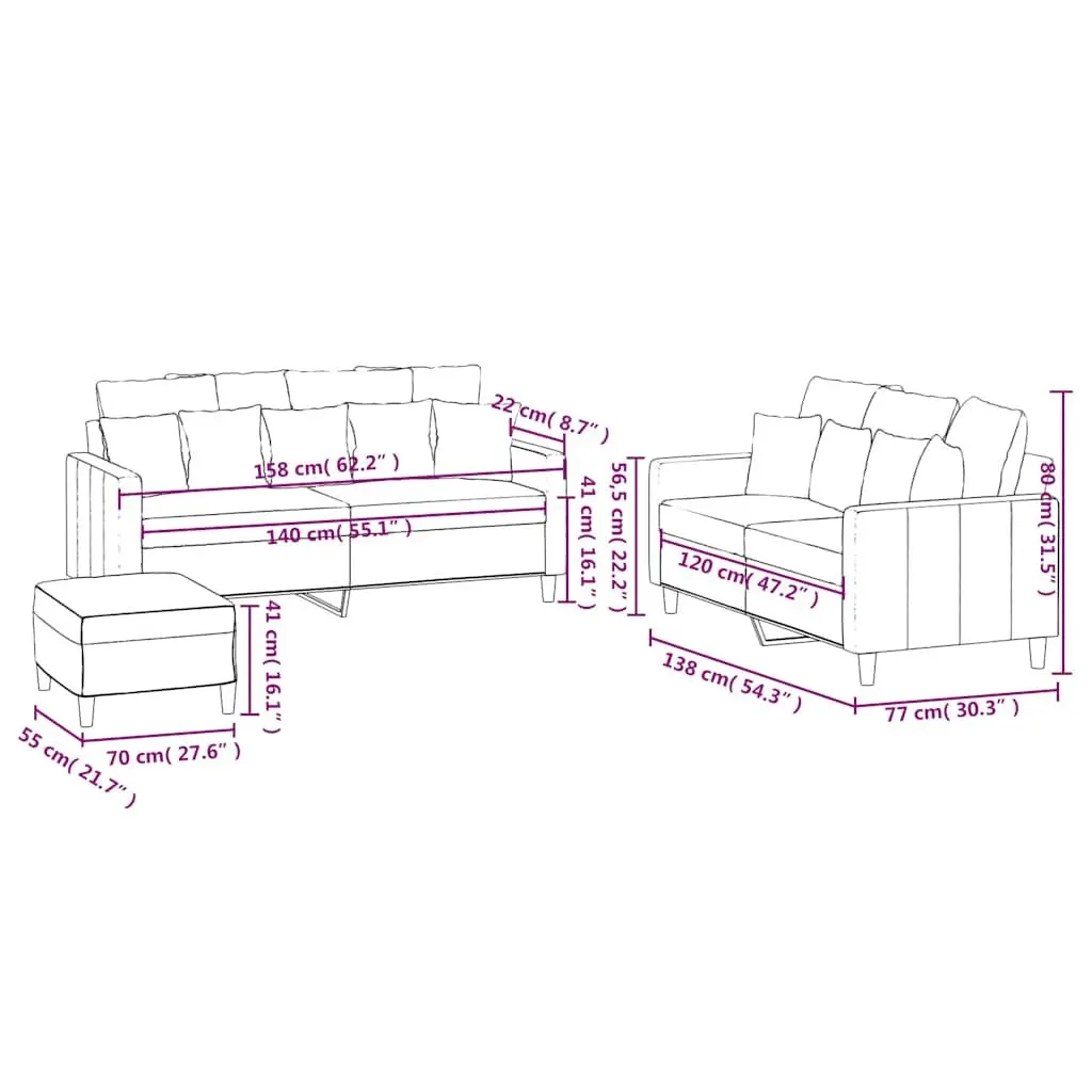 3 Piece Sofa Set Black Velvet Living Room Furniture