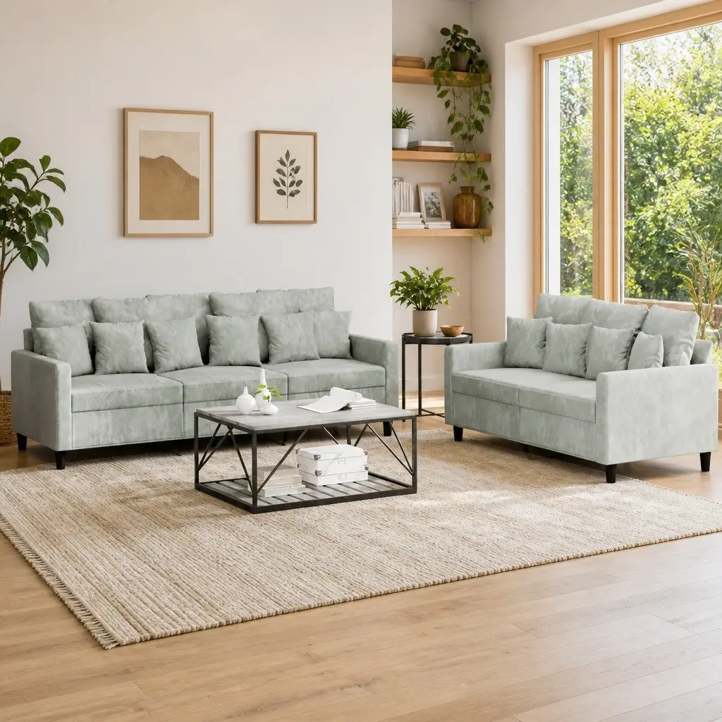 2 Piece Grey Velvet Sofa Set with Cushions