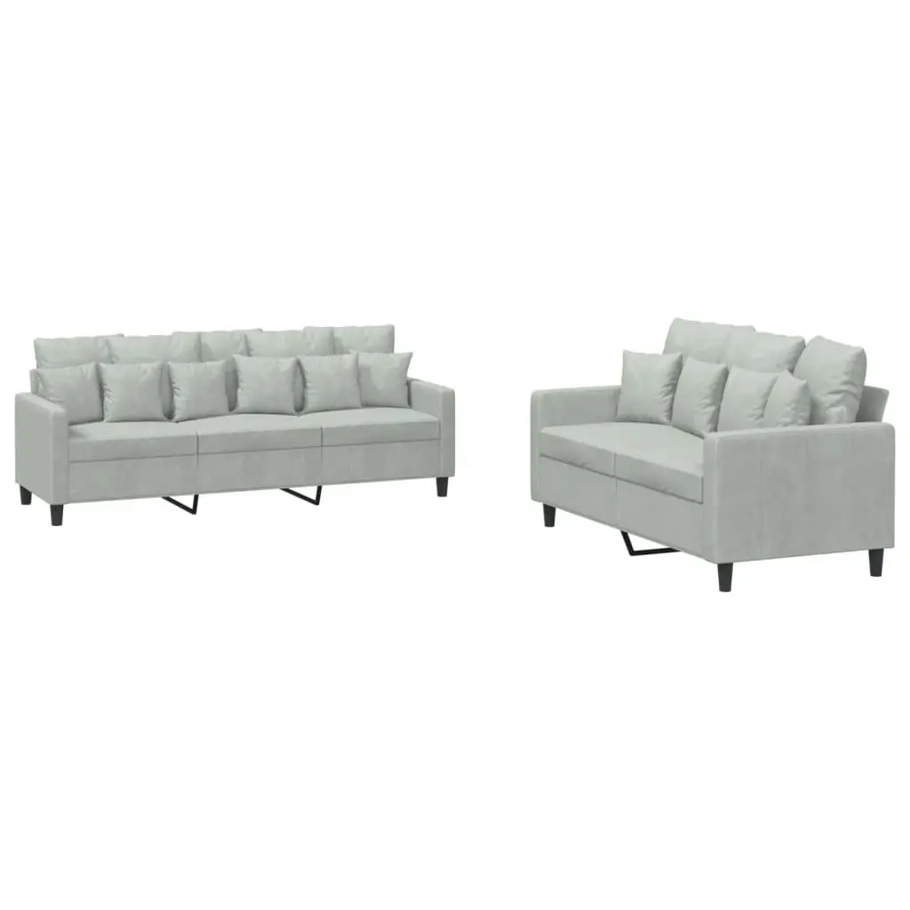 2 Piece Grey Velvet Sofa Set with Cushions