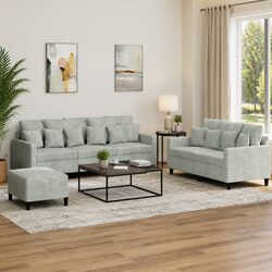 3 Piece Sofa Set Grey Velvet Lounge Couch with Cushions Footstool Living Room