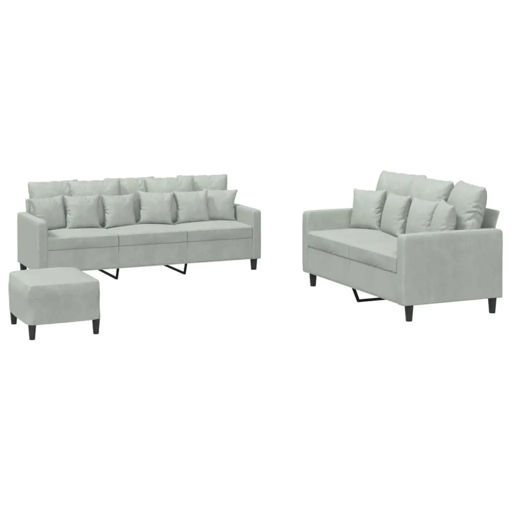 Grey Velvet Sofa Set with Cushions and Footstool