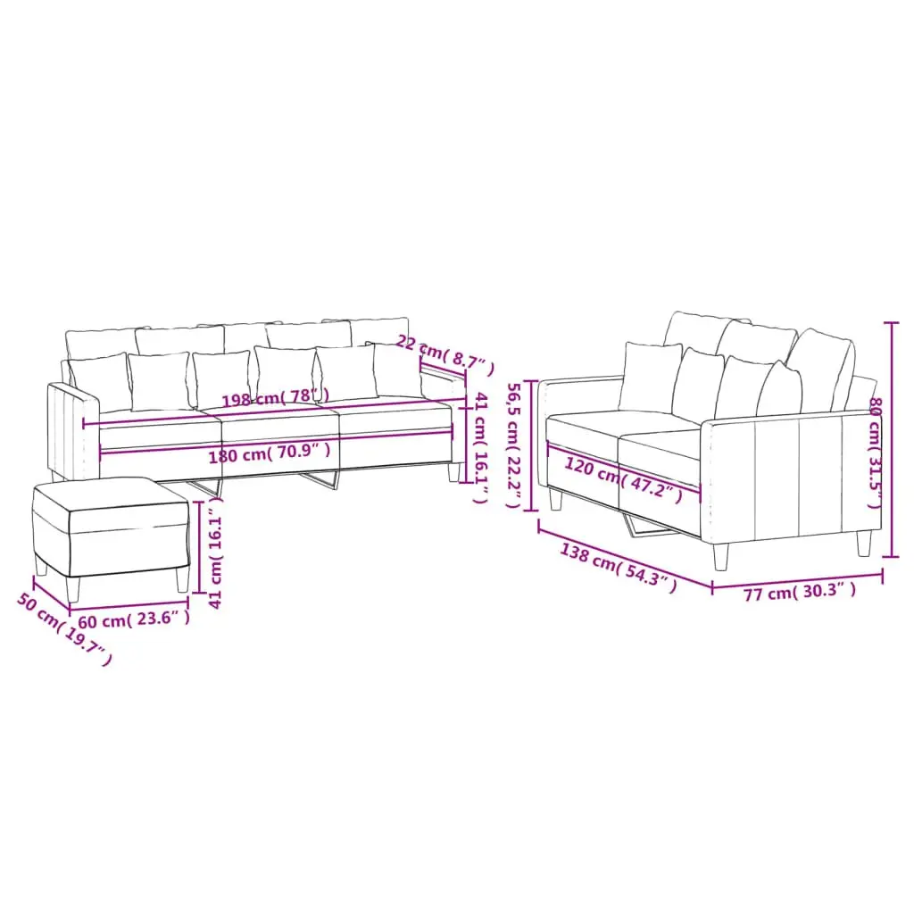 Grey Velvet Sofa Set with Cushions and Footstool