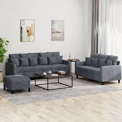 3-Piece Grey Velvet Sofa Set with Footstool for Living Room