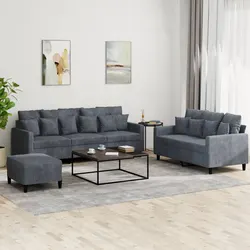 3-Piece Grey Velvet Sofa Set with Footstool for Living Room