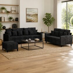 Durable 3 Piece Sofa Set with Footstool in Black Velvet