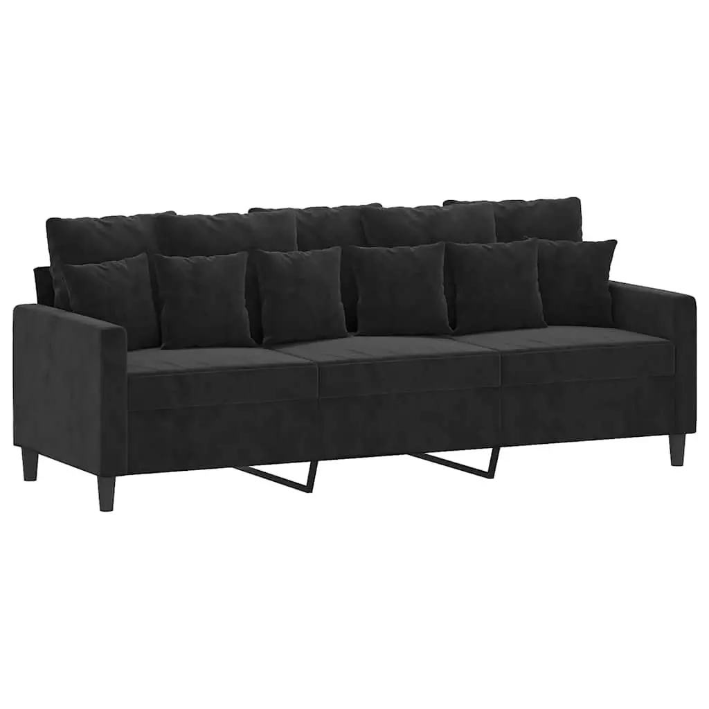 Sofa Set Velvet Black 3 Piece with Footstool