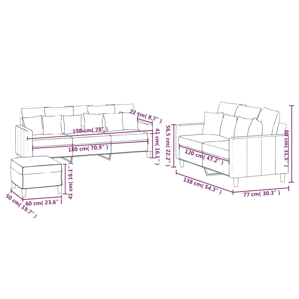 Sofa Set Velvet Black 3 Piece with Footstool
