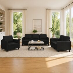 Durable Black Faux Leather 3 Piece Sofa Set with Cushions