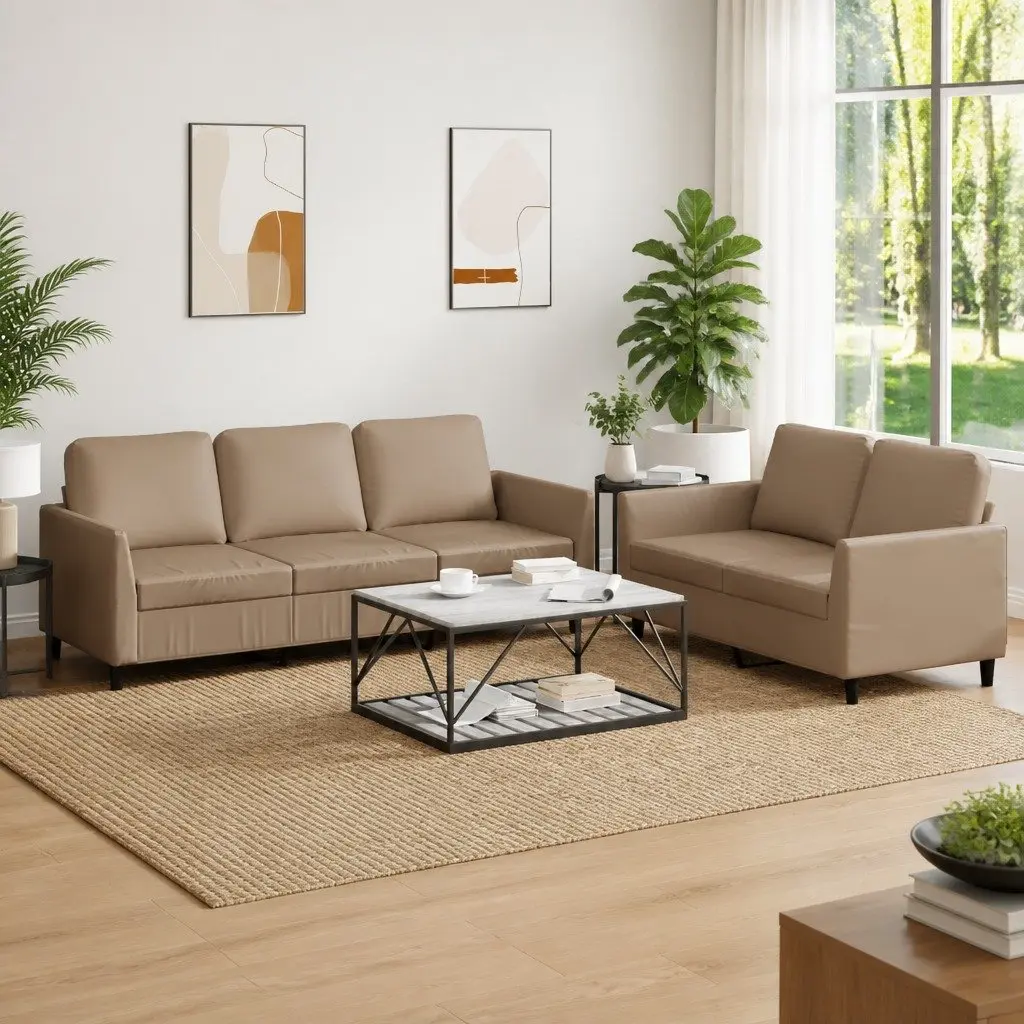 Brown Faux Leather 2 Piece Sofa Set with Cushions