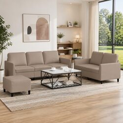 Durable 3 Piece Brown Faux Leather Sofa Set with Footstool