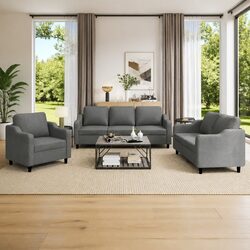 Durable 3 Piece Sofa Set with Cushions in Grey