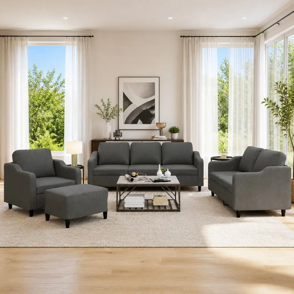 Sofa Set Fabric 4 Piece Grey Lounge Couch Armchair Footstool