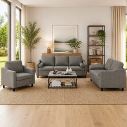 Sturdy 3 Piece Sofa Set in Grey Fabric with Pillows