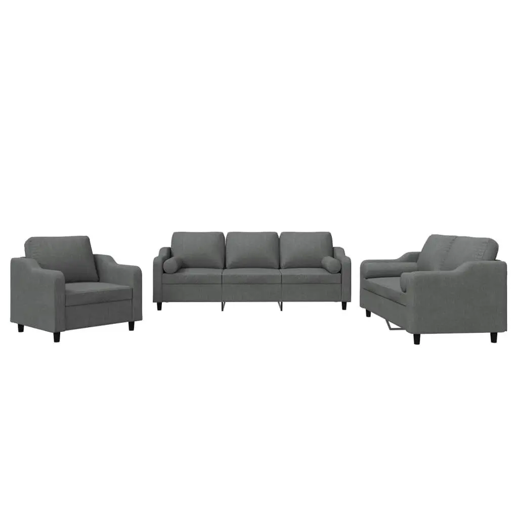 3 Piece Sofa Set in Grey Fabric with Pillows