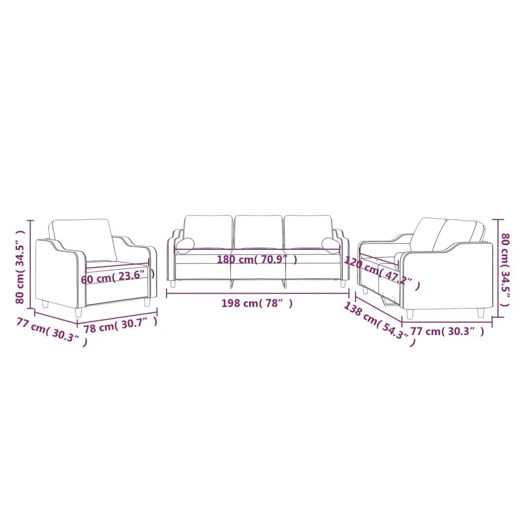 3 Piece Sofa Set in Grey Fabric with Pillows