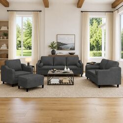 Durable 4 Piece Grey Fabric Sofa Set with Pillows
