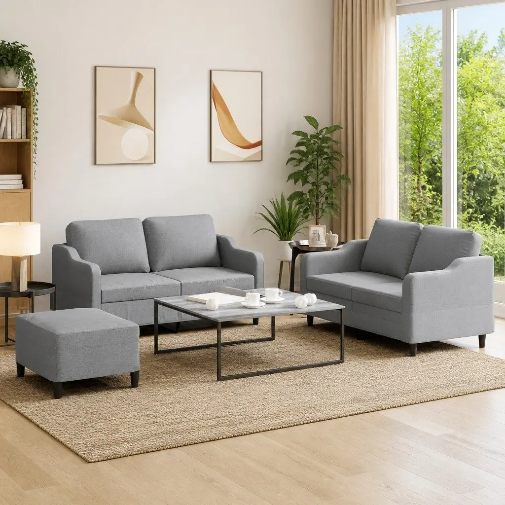 3 Piece Grey Fabric Sofa Set with Cushions