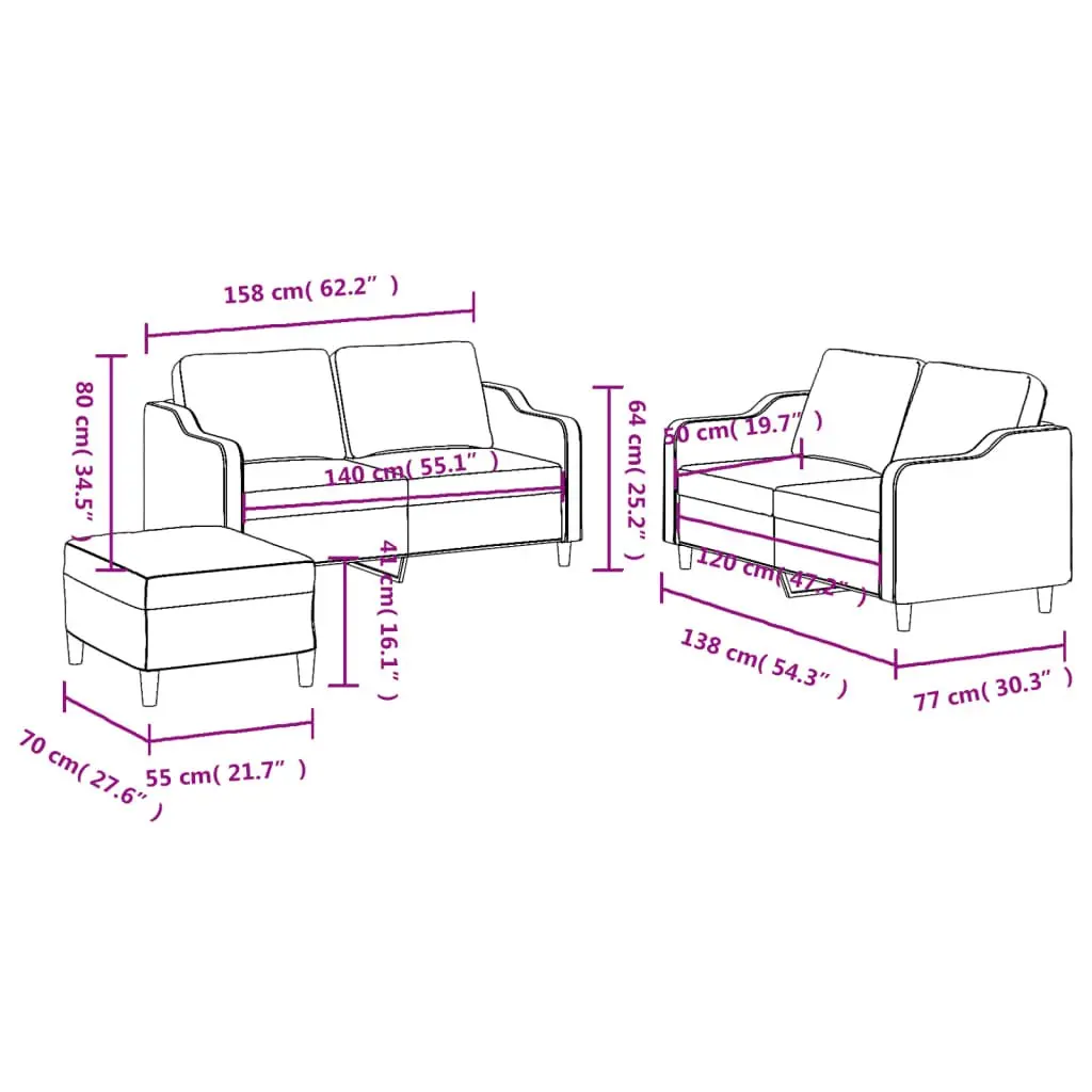 3 Piece Grey Fabric Sofa Set with Cushions