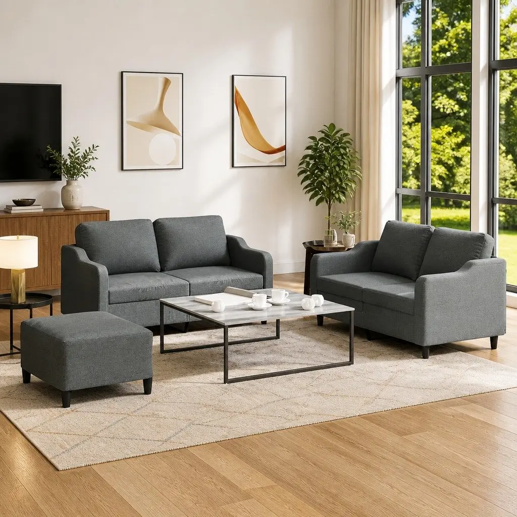 3 Piece Grey Fabric Sofa Set for Comfort