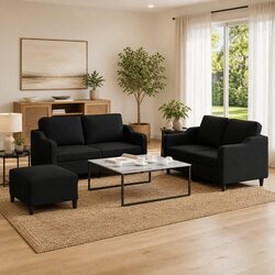 Premium Black Fabric Sofa Set with Footstool & Cushions