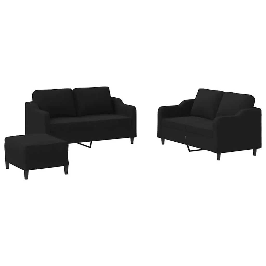 Black Fabric Sofa Set with Footstool & Cushions