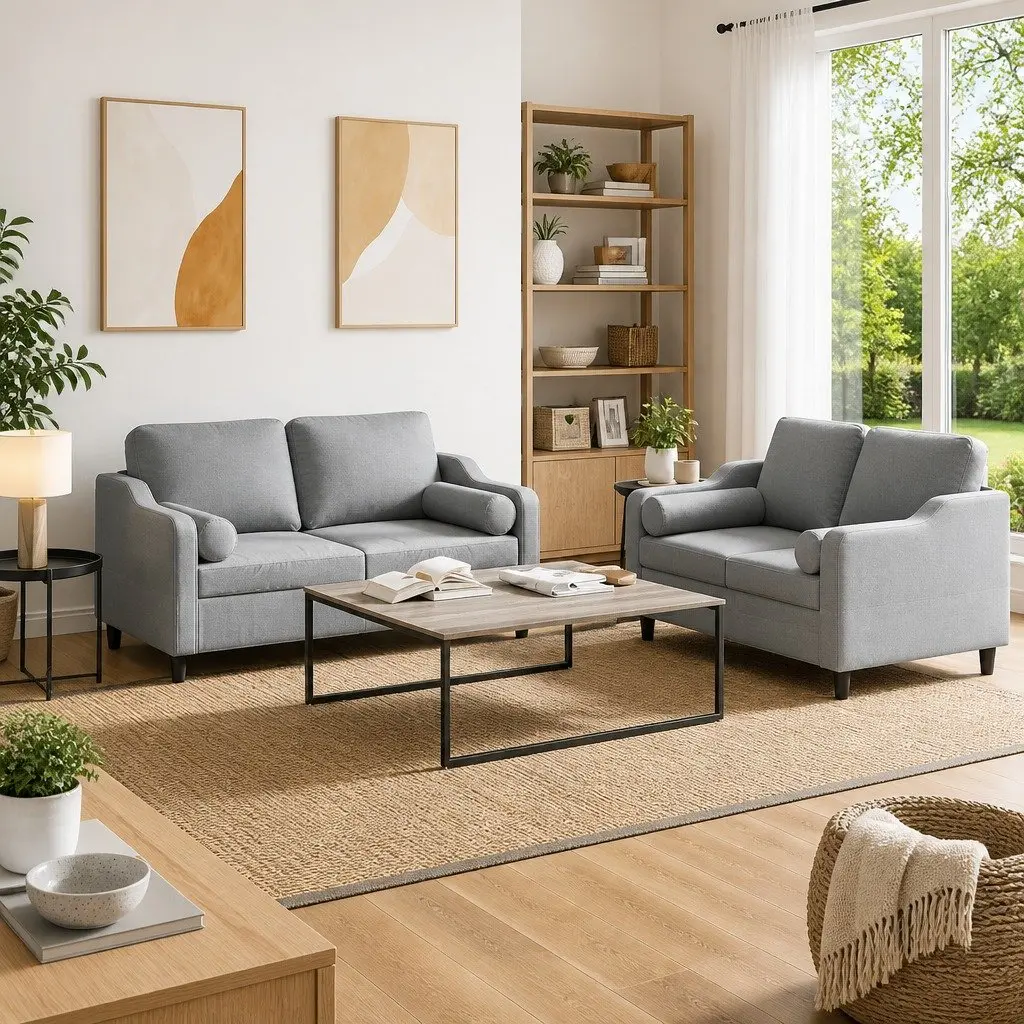 Grey Fabric 2 Piece Sofa Set with Pillows