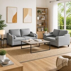 Quality Grey Fabric 2 Piece Sofa Set with Pillows