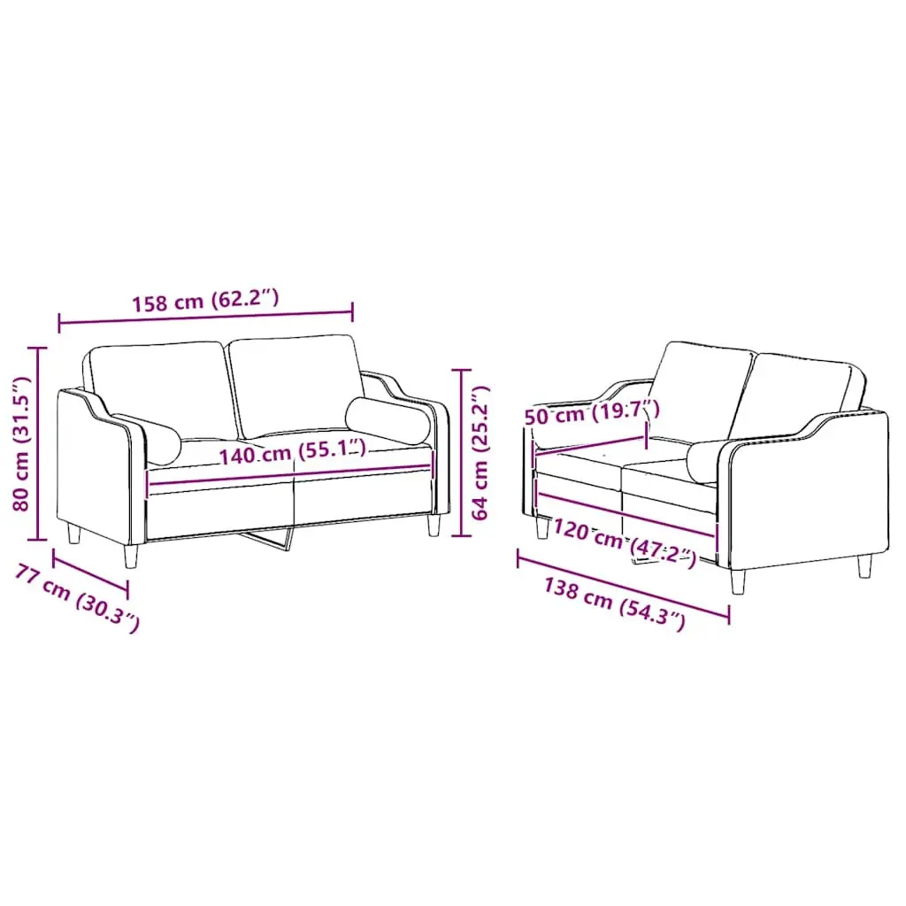 Grey Fabric 2 Piece Sofa Set with Pillows