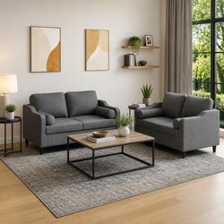 Durable Grey Fabric 2 Piece Sofa Set with Pillows