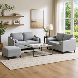 Durable 3 Piece Sofa Set with Pillows and Footstool