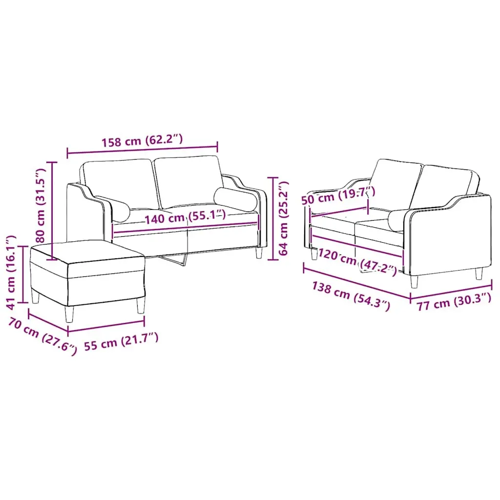 3 Piece Sofa Set with Pillows and Footstool