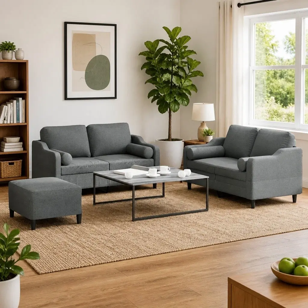 3 Piece Sofa Set with Footstool and Pillows