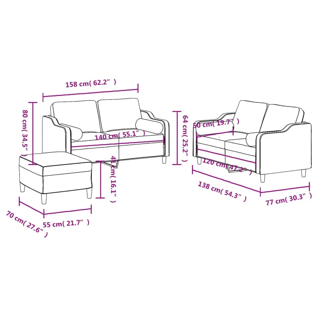 3 Piece Sofa Set with Footstool and Pillows