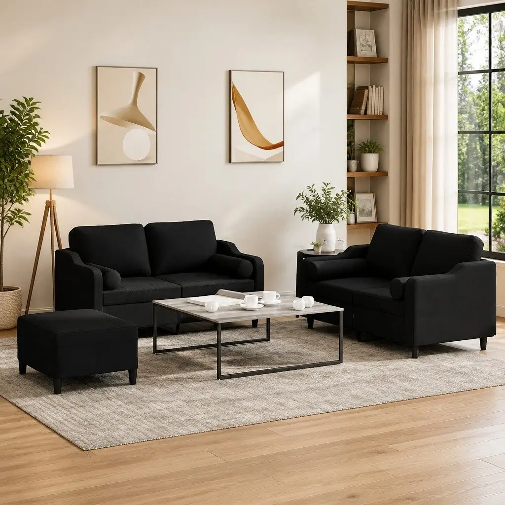 3 Piece Sofa Set in Black Fabric for Living Rooms