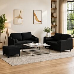 Durable 3 Piece Sofa Set in Black Fabric for Living Rooms