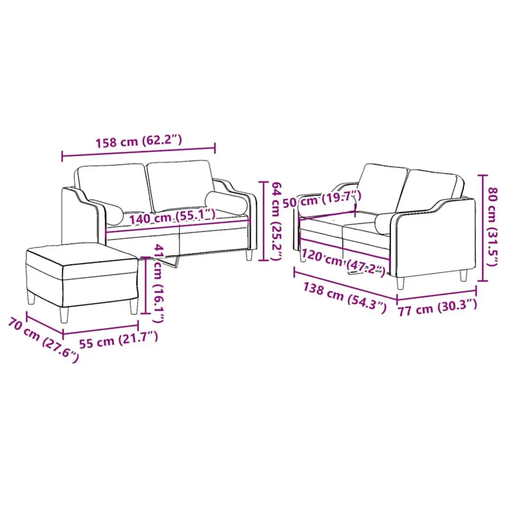 3 Piece Sofa Set in Black Fabric for Living Rooms