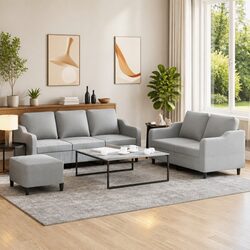 Durable 3 Piece Grey Fabric Sofa Set with Cushions