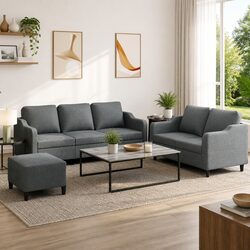 Premium Grey Fabric 3 Piece Sofa Set with Cushions