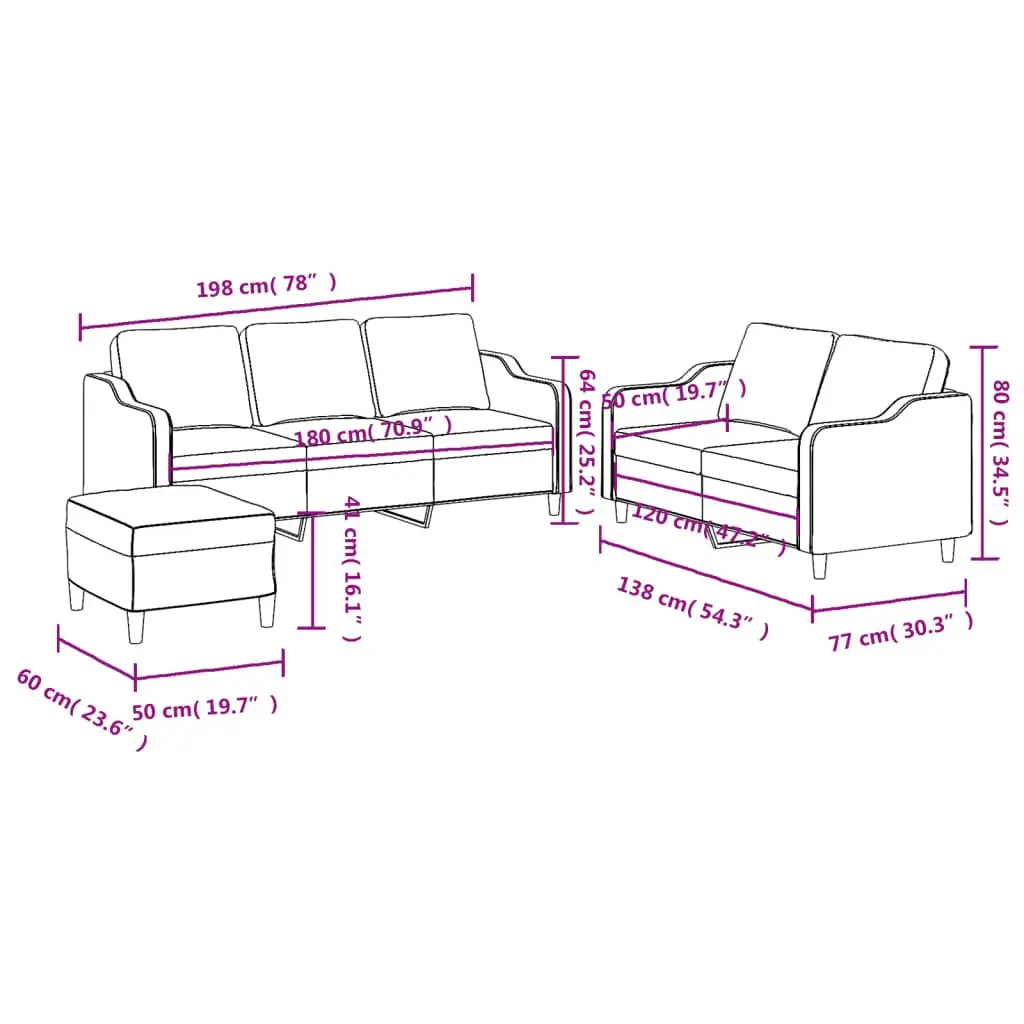 Grey Fabric 3 Piece Sofa Set with Cushions