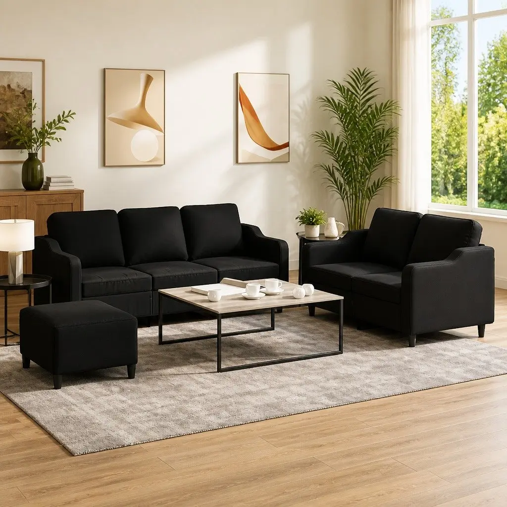 3 Piece Black Fabric Sofa Set with Footstool