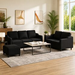 Durable 3 Piece Black Fabric Sofa Set with Footstool