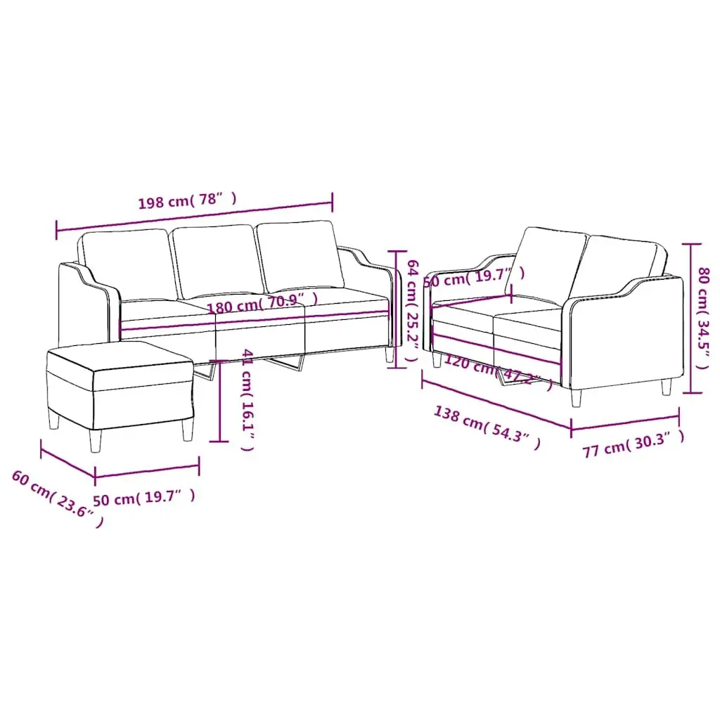 3 Piece Black Fabric Sofa Set with Footstool