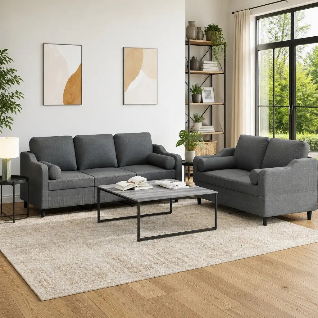 2 Piece Grey Sofa Set with Comfort Pillows
