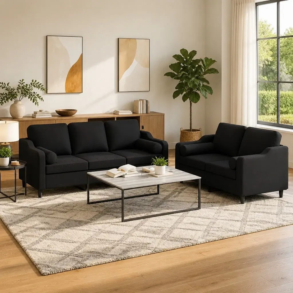 Black Fabric 2 Piece Sofa Set with Pillows